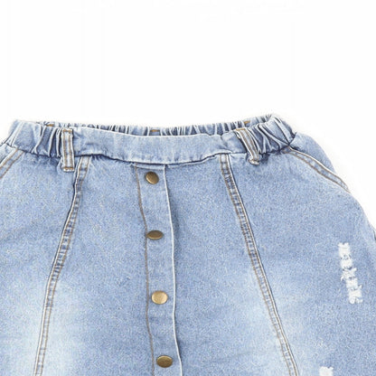 Preworn Girls Blue  Denim A-Line Skirt Size 13 Years - button front distressed