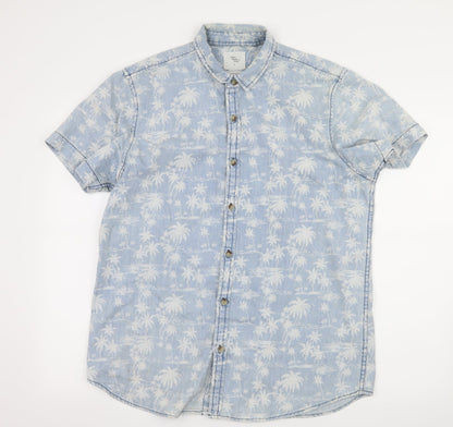 Mens UK Size L Cedar Wood State Blue  Button-Up Short Sleeve Casual Shirt