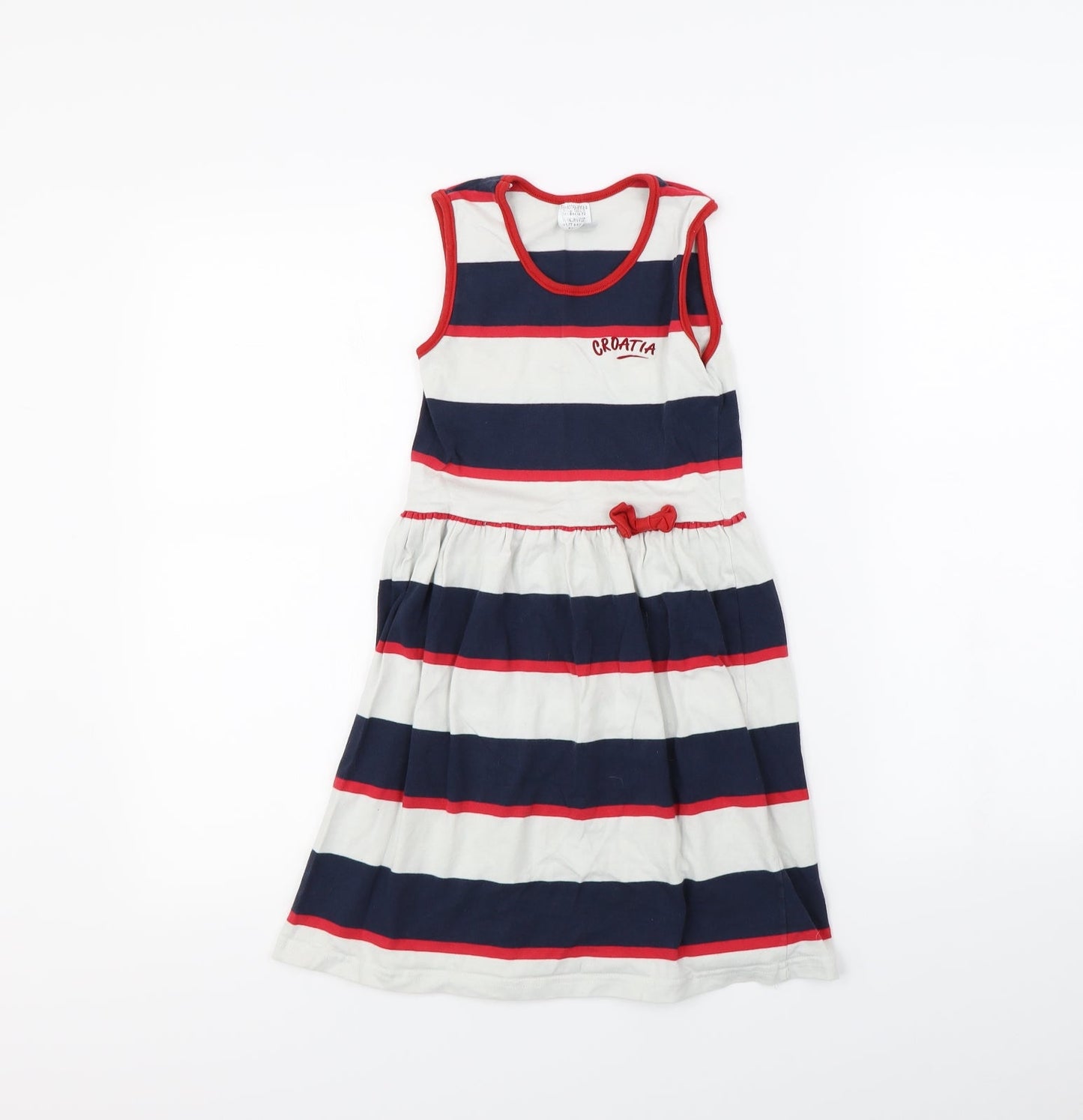 Preworn Girls White Striped Ramie Fit & Flare  Size 8 Years
