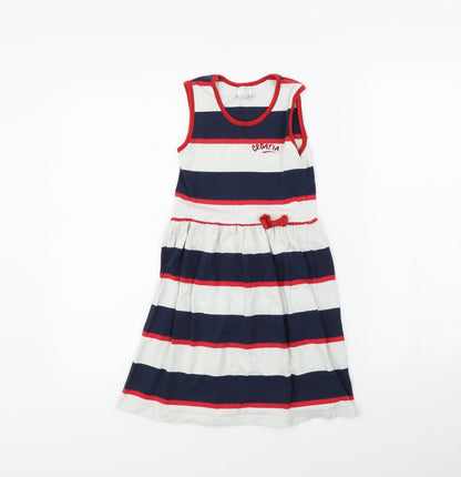 Preworn Girls White Striped Ramie Fit & Flare  Size 8 Years