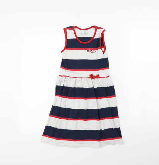 Preworn Girls White Striped Ramie Fit & Flare  Size 8 Years