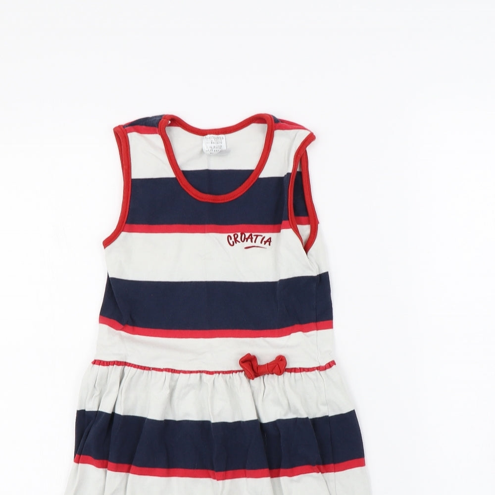 Preworn Girls White Striped Ramie Fit & Flare  Size 8 Years