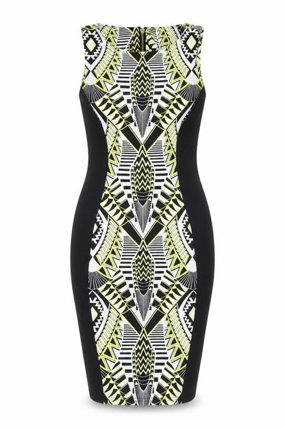 Front view of Internationale women’s black geometric bodycon, size UK 10