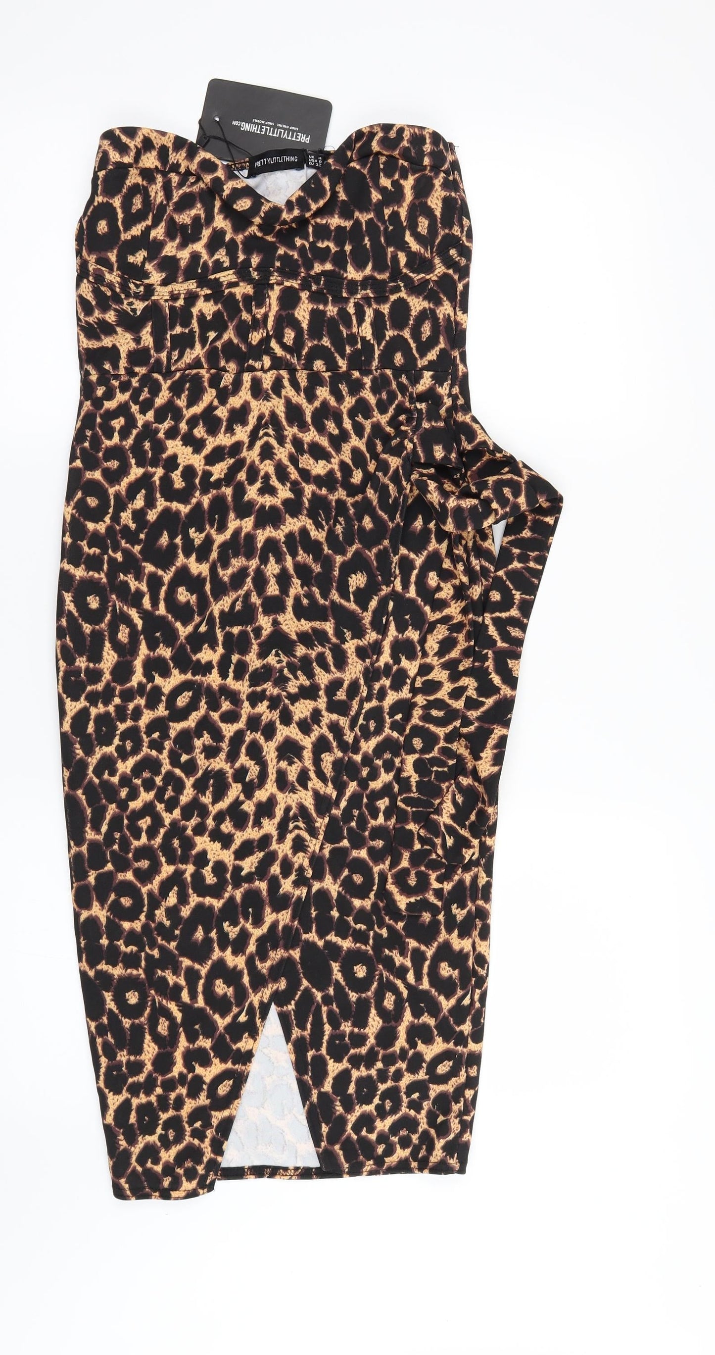 PRETTYLITTLETHING Womens Brown Animal Print  Maxi  Size 4  - STRAPLESS