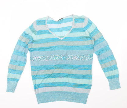 PLANET Womens Blue Striped  Pullover Jumper Size M