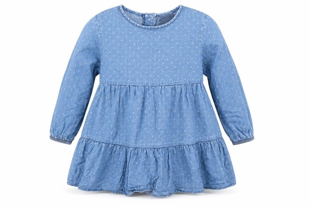 Front view of F&F girls’ blue polka dot shirt dress, size 18-24, months