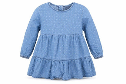 Front view of F&F girls’ blue polka dot shirt dress, size 18-24, months