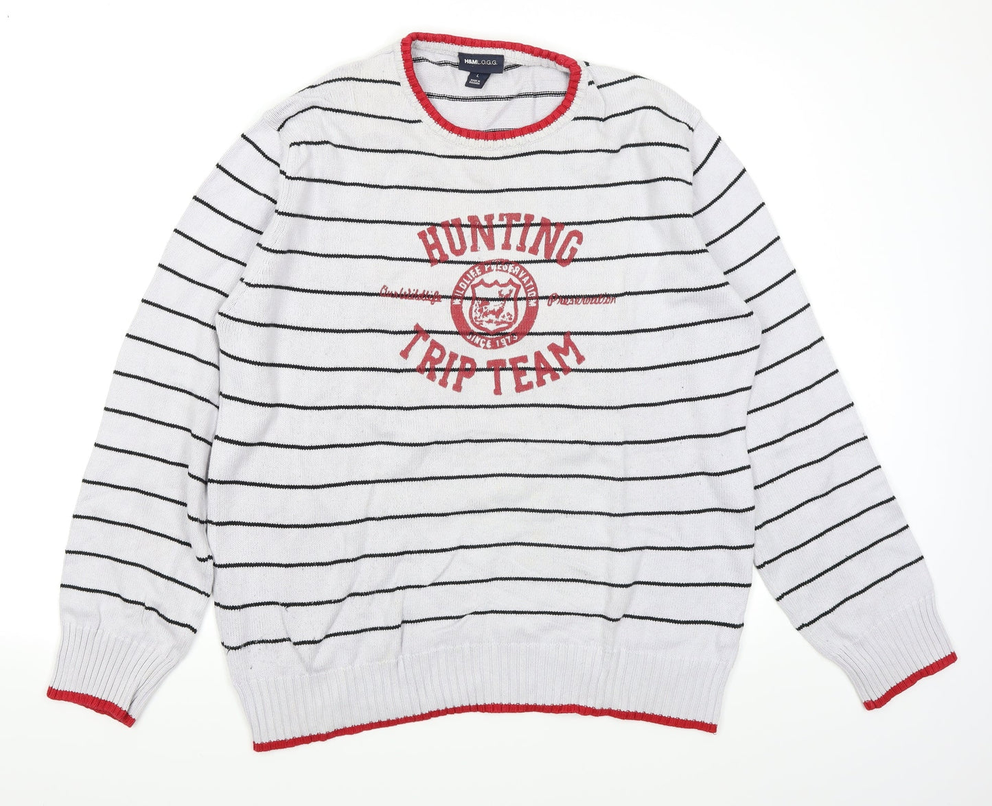 H&M L.O.G.G Mens Grey Striped  Pullover Jumper Size L