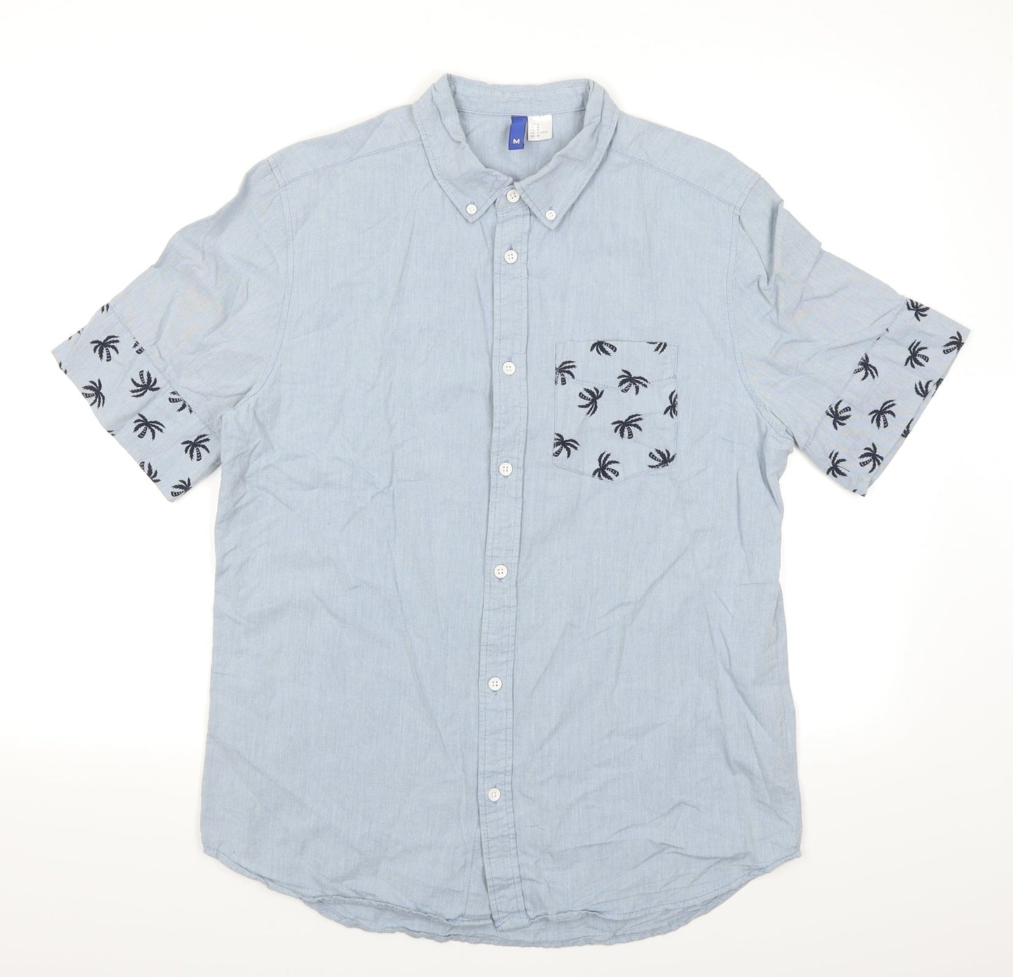 Mens UK Size M Divided Blue  Button-Up Short Sleeve Casual Shirt