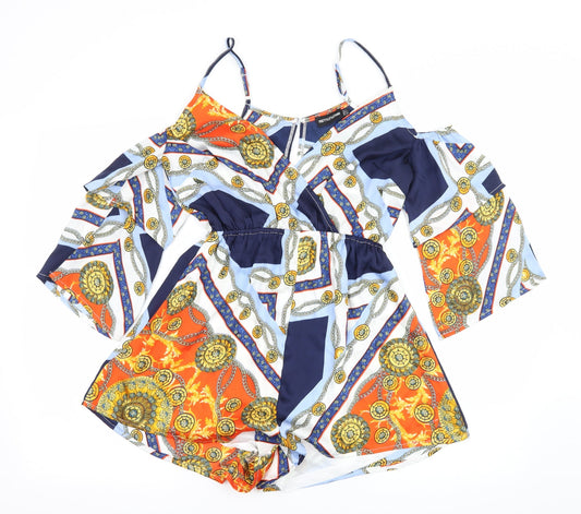 PRETTYLITTLETHING Womens Multicoloured Geometric Satin Playsuit One-Piece Size 8 L3 in - Cut out shoulder