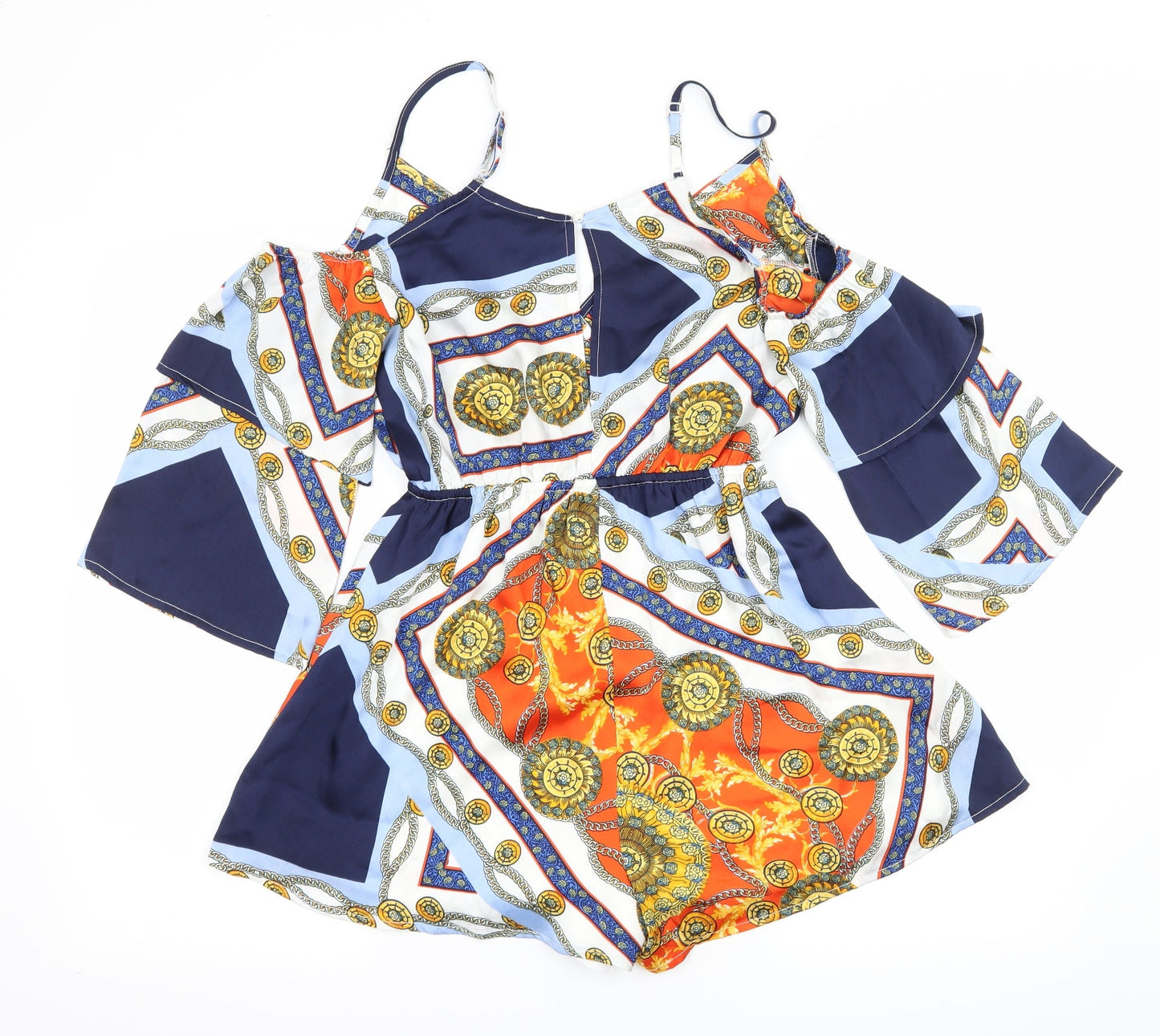 PRETTYLITTLETHING Womens Multicoloured Geometric Satin Playsuit One-Piece Size 8 L3 in - Cut out shoulder