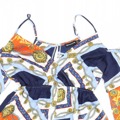 PRETTYLITTLETHING Womens Multicoloured Geometric Satin Playsuit One-Piece Size 8 L3 in - Cut out shoulder