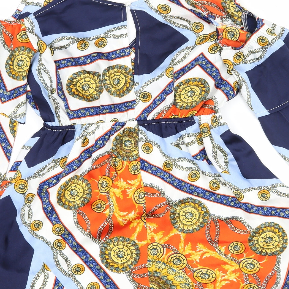 PRETTYLITTLETHING Womens Multicoloured Geometric Satin Playsuit One-Piece Size 8 L3 in - Cut out shoulder