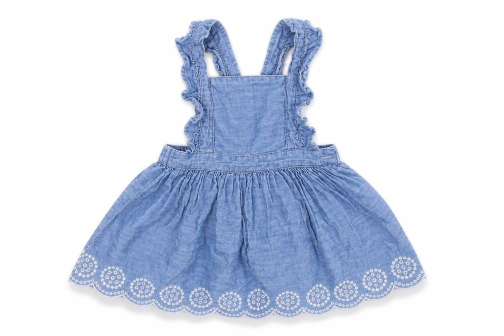 Front view of Primark girls’ blue denim fit & flare, size 6-9, months