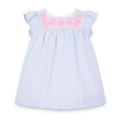 Front view of Gap girls’ blue striped a-line, size 6-9, months