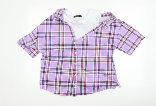 Bershka Womens Purple Check  Basic Button-Up Size L  - Cut Out Shoulder