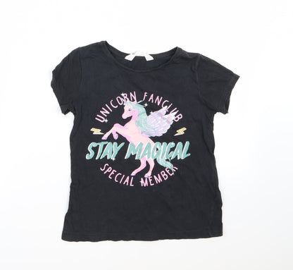 H&M Girls Black   Basic T-Shirt Size 9-10 Years  - Unicorn