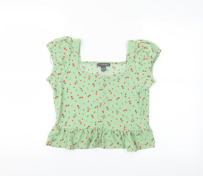 Primark Womens Green Floral  Basic Blouse Size S  - ruffle hem