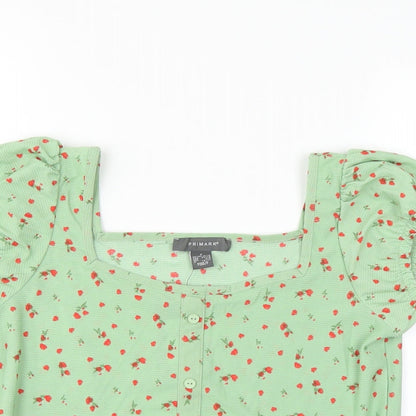 Primark Womens Green Floral  Basic Blouse Size S  - ruffle hem