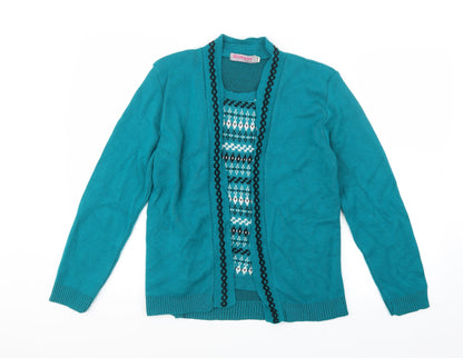 Glimpse Womens Green Geometric Knit Cardigan Jumper Size S  - Top and cardigan in one