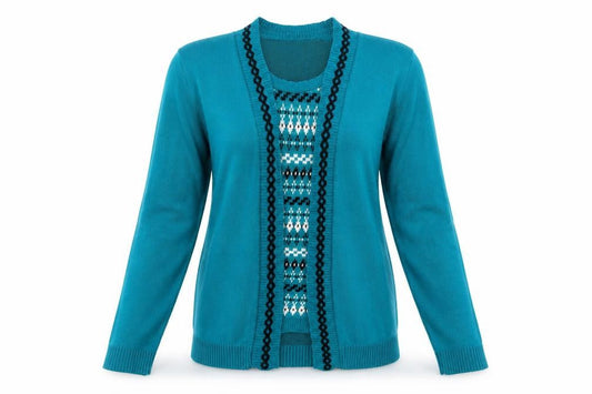 Glimpse Womens Green Geometric Knit Cardigan Jumper Size S  - Top and cardigan in one