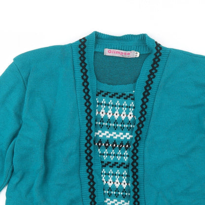 Glimpse Womens Green Geometric Knit Cardigan Jumper Size S  - Top and cardigan in one