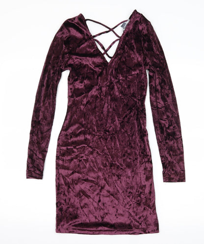 Primark Womens Purple  Velvet Bodycon  Size 8  - Lace up detail