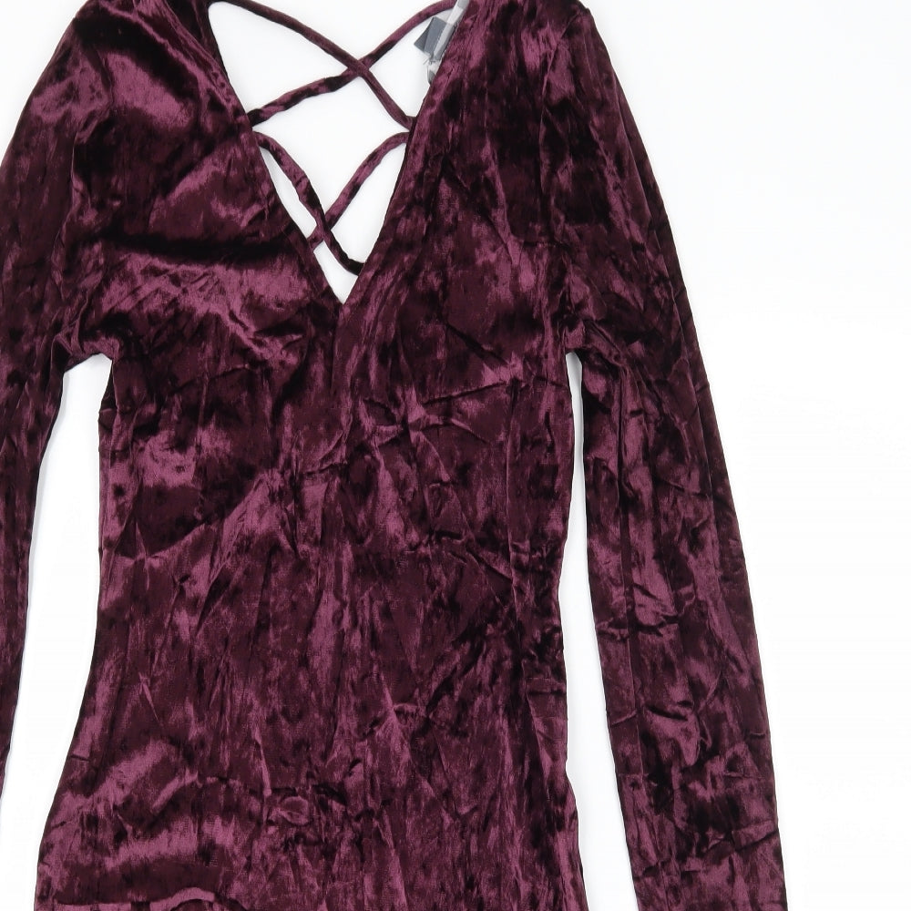 Primark Womens Purple  Velvet Bodycon  Size 8  - Lace up detail