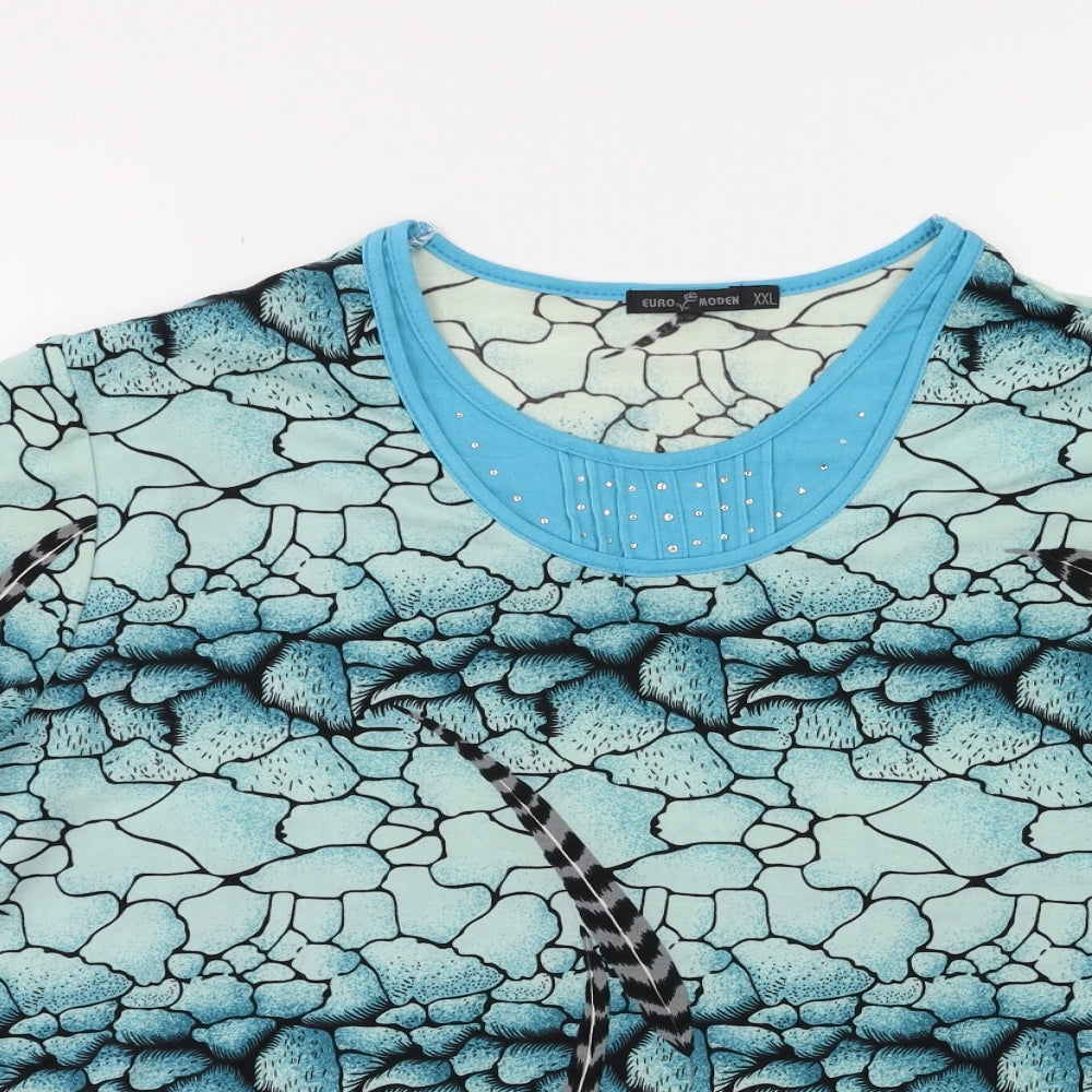 EURO MODEN Womens Blue Floral  Basic T-Shirt Size 2XL