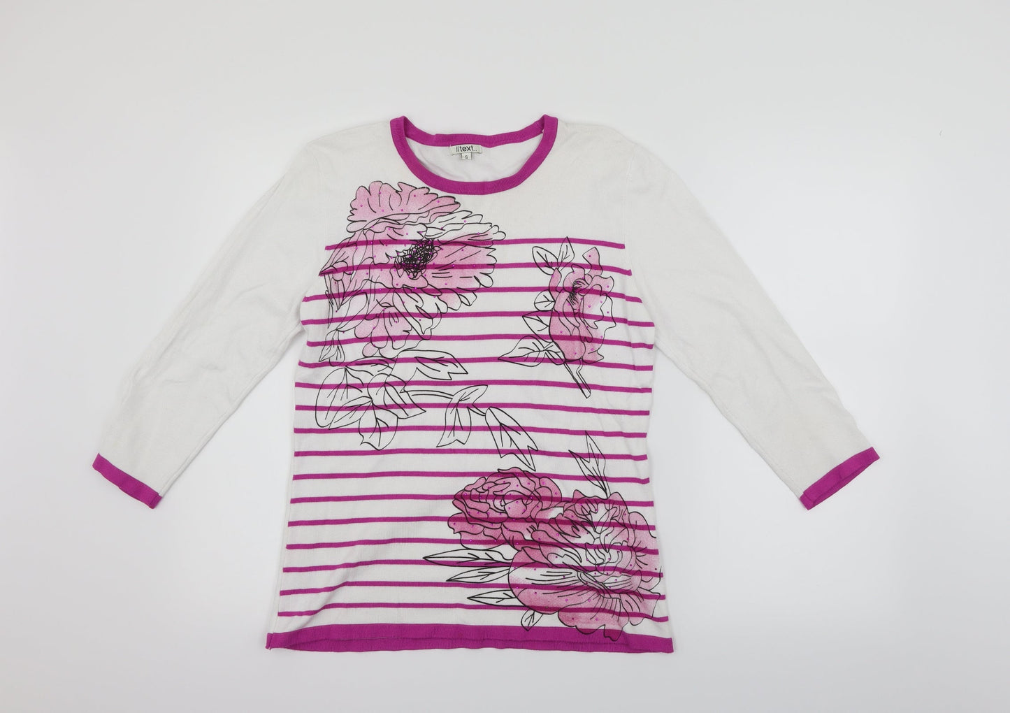 //text Womens White Striped  Pullover Jumper Size S