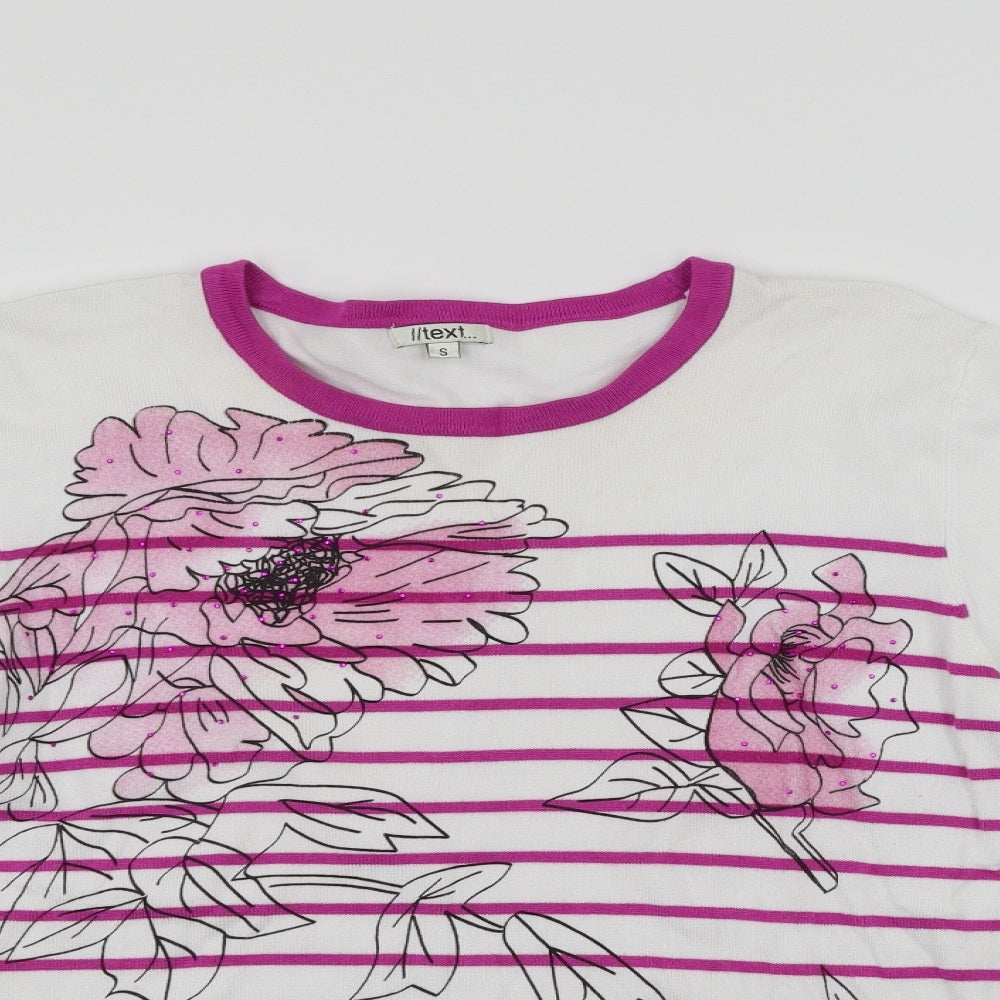 //text Womens White Striped  Pullover Jumper Size S