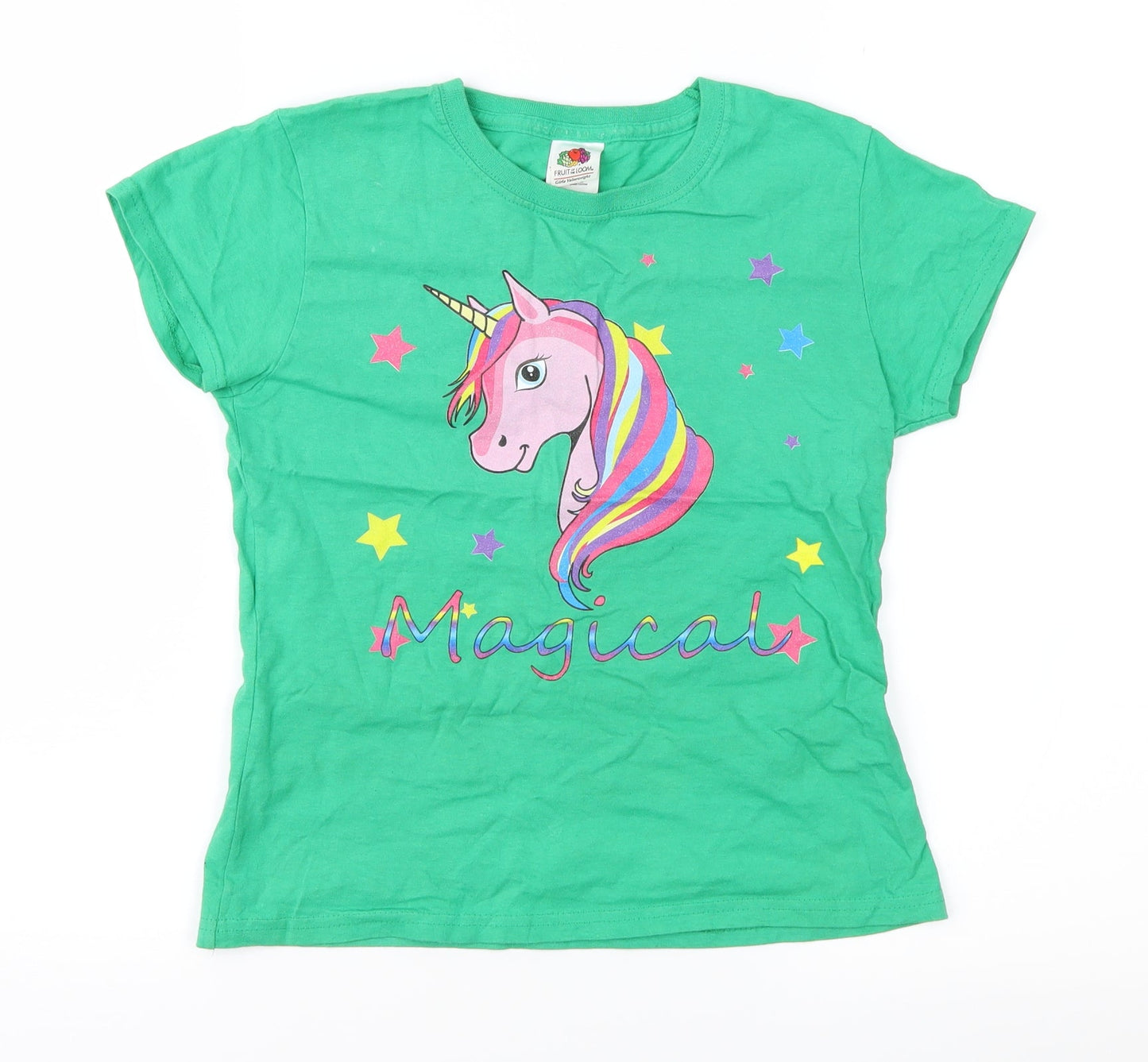Fruit of the Loom Girls Green   Basic T-Shirt Size 10 Years  - Unicorn