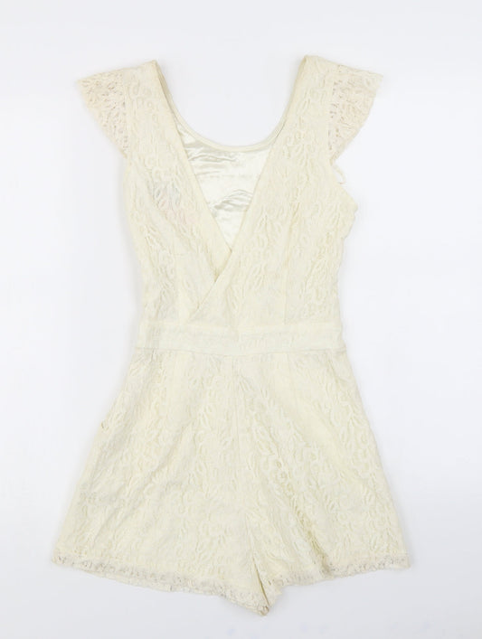 Lipsy Womens White  Lace Playsuit One-Piece Size 6  - V Back