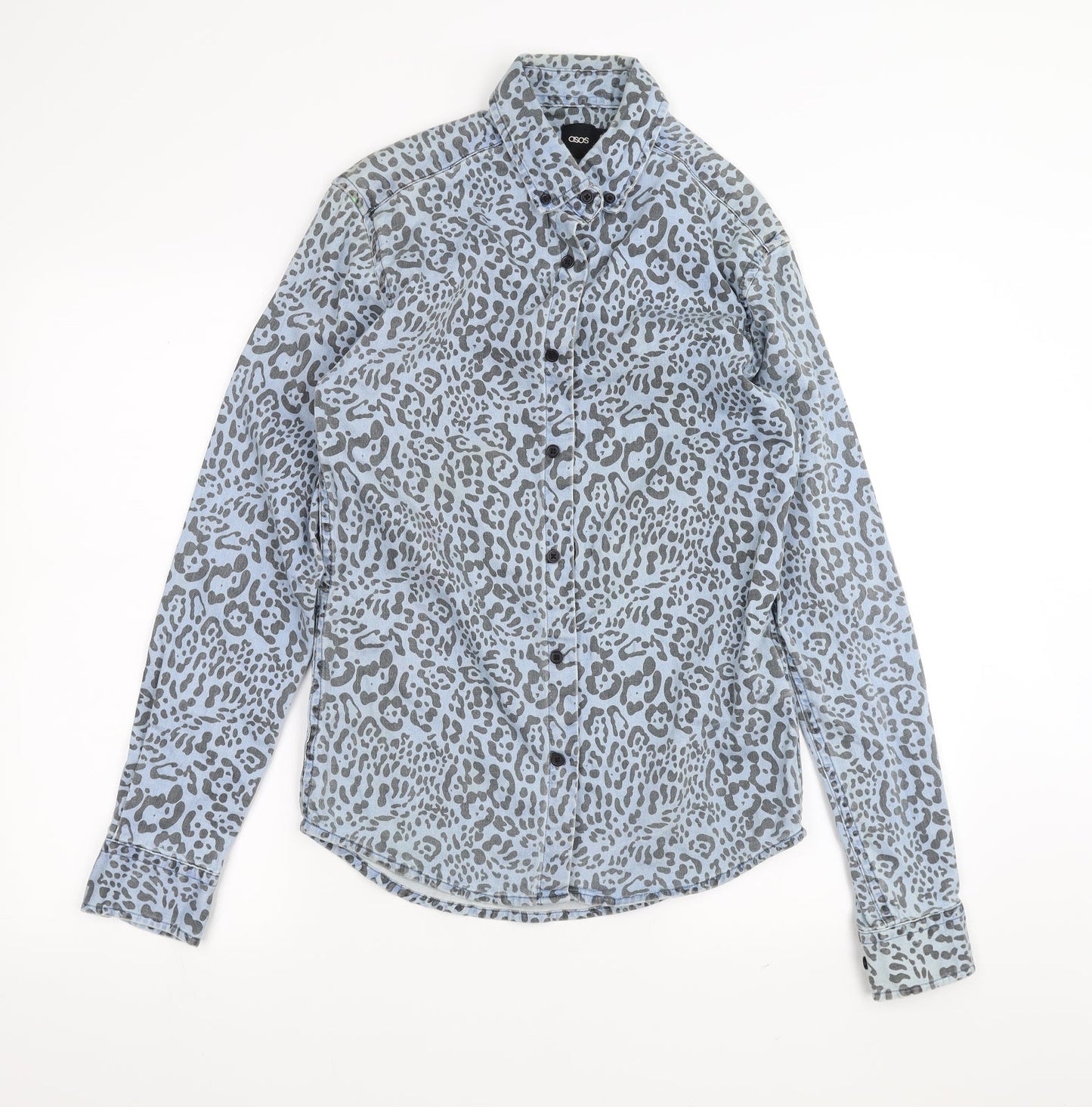 ASOS Womens Blue Animal Print Denim Basic Button-Up Size S