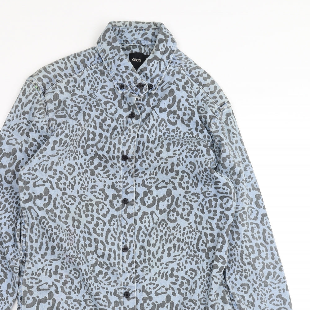 ASOS Womens Blue Animal Print Denim Basic Button-Up Size S