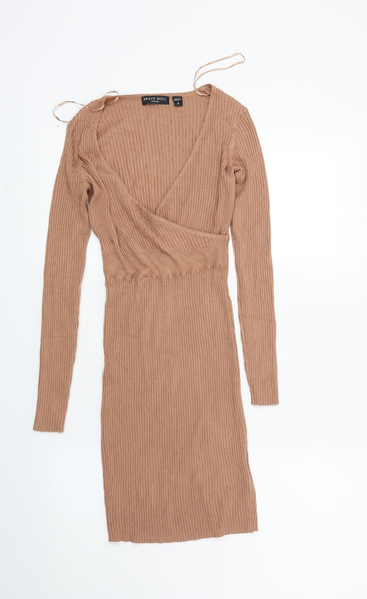 Brave Soul Womens Brown Striped  Jumper Dress  Size S