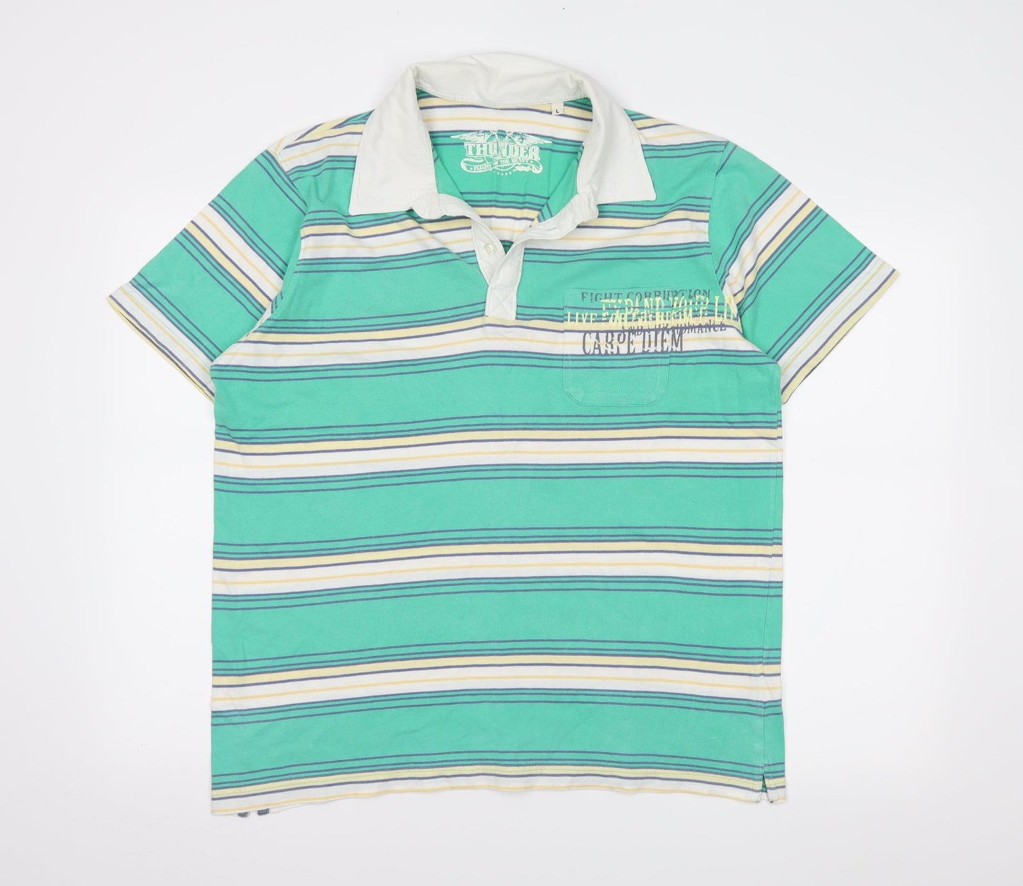 THUNDER Mens Green Striped   Polo Size L