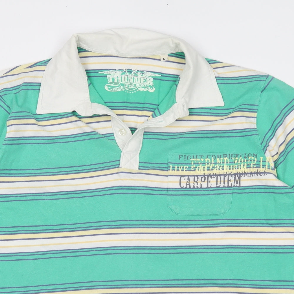 THUNDER Mens Green Striped   Polo Size L