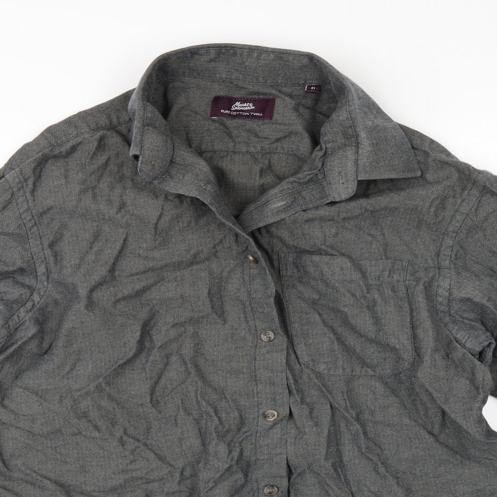 Mens UK Size 16 Marks and Spencer Grey  Button-Up Long Sleeve Casual Shirt