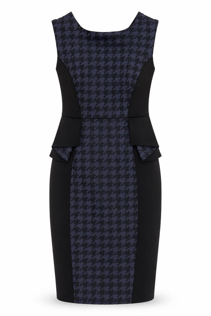 Front view of Atmosphere women’s blue herringbone pencil dress, size UK 12