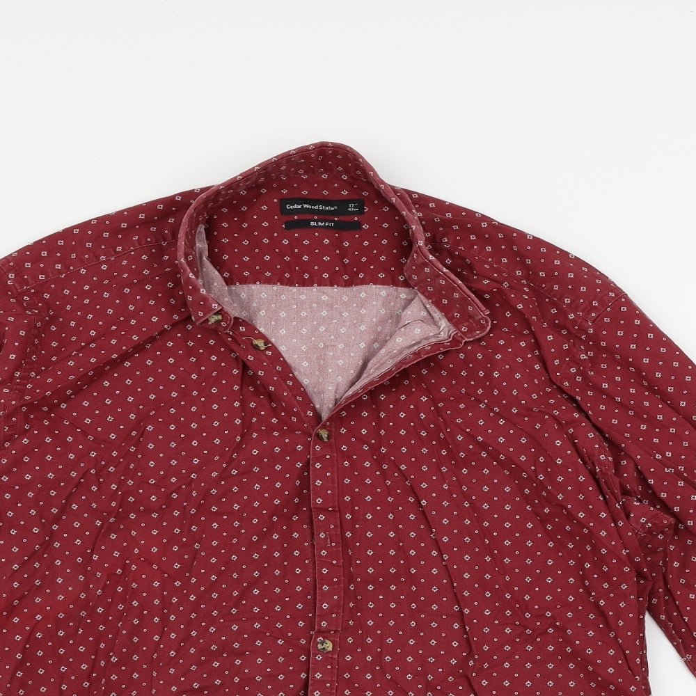 Mens UK Size 17 Cedar Wood State Red  Button-Up Long Sleeve Casual Shirt
