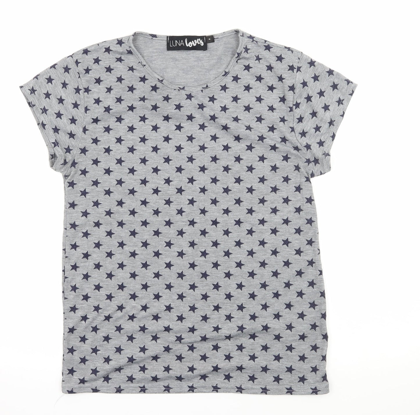 Luna Loves Womens Grey Geometric Jersey Basic T-Shirt Size S  - Stars