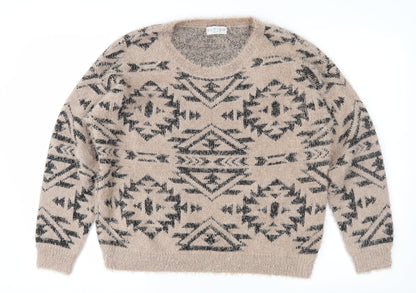 Marks and Spencer Womens Brown Geometric Knit Pullover Jumper Size 14