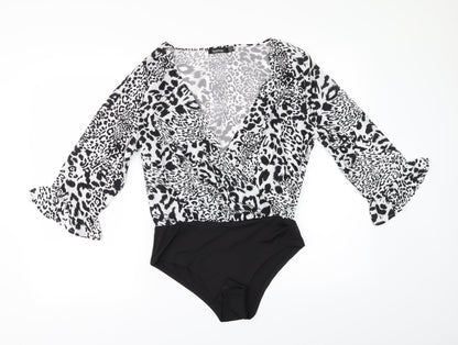 Boohoo Womens Black Animal Print  Bodysuit One-Piece Size 10  - flared sleeves