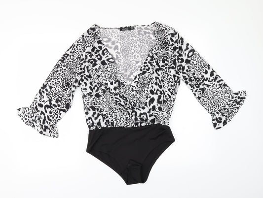 Boohoo Womens Black Animal Print  Bodysuit One-Piece Size 10  - flared sleeves