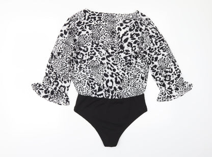 Boohoo Womens Black Animal Print  Bodysuit One-Piece Size 10  - flared sleeves