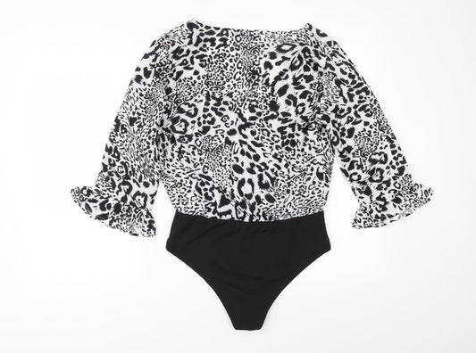 Boohoo Womens Black Animal Print  Bodysuit One-Piece Size 10  - flared sleeves