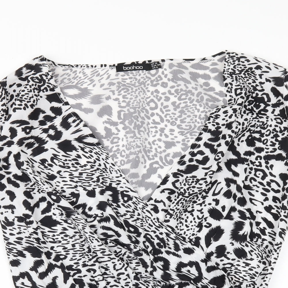 Boohoo Womens Black Animal Print  Bodysuit One-Piece Size 10  - flared sleeves
