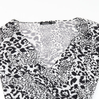 Boohoo Womens Black Animal Print  Bodysuit One-Piece Size 10  - flared sleeves