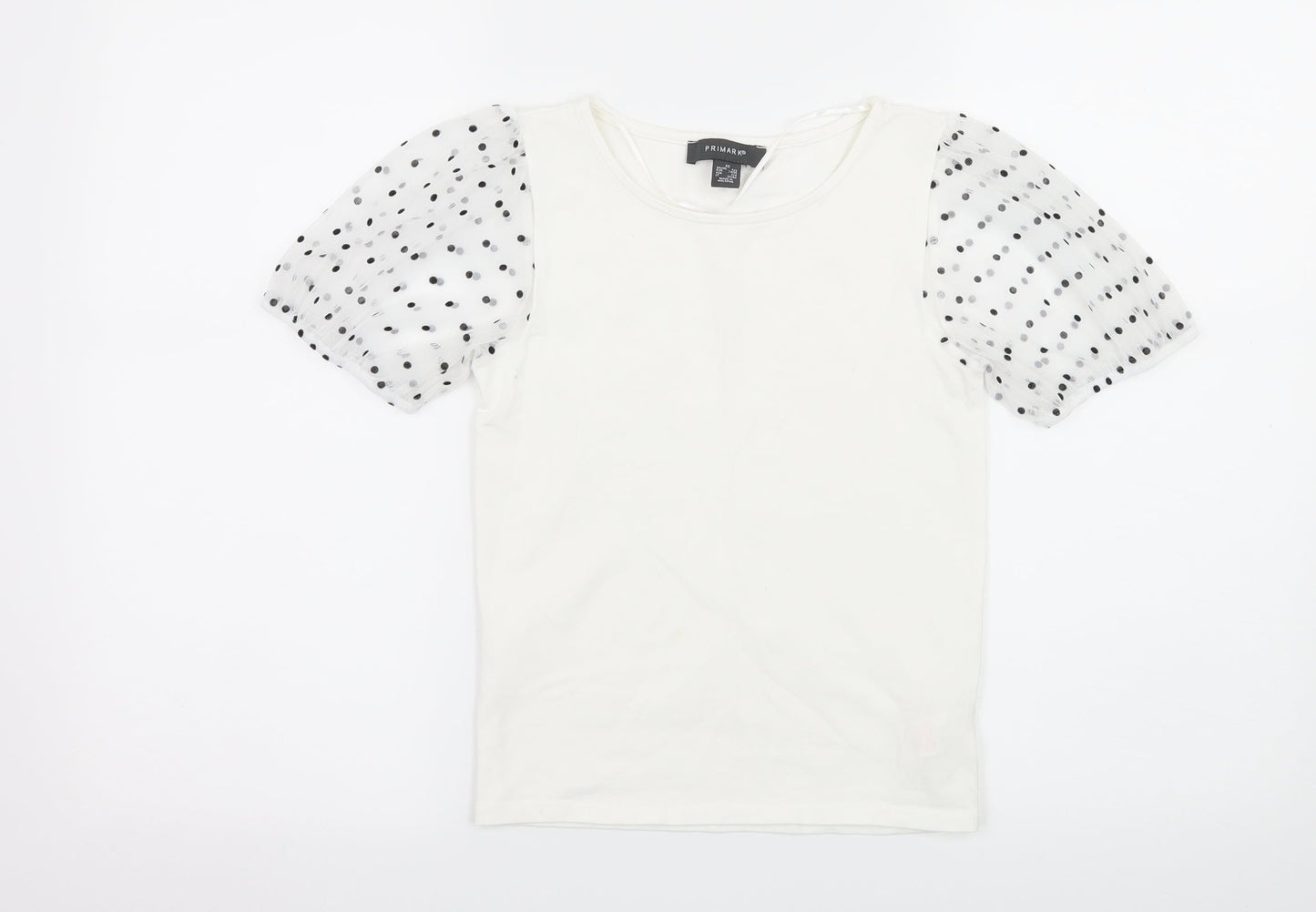 Primark Womens White Polka Dot Jersey Basic T-Shirt Size 6  - sheer sleeves